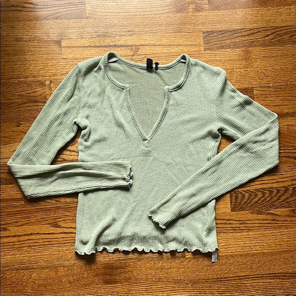 Ribbed Green V-Neck Top
